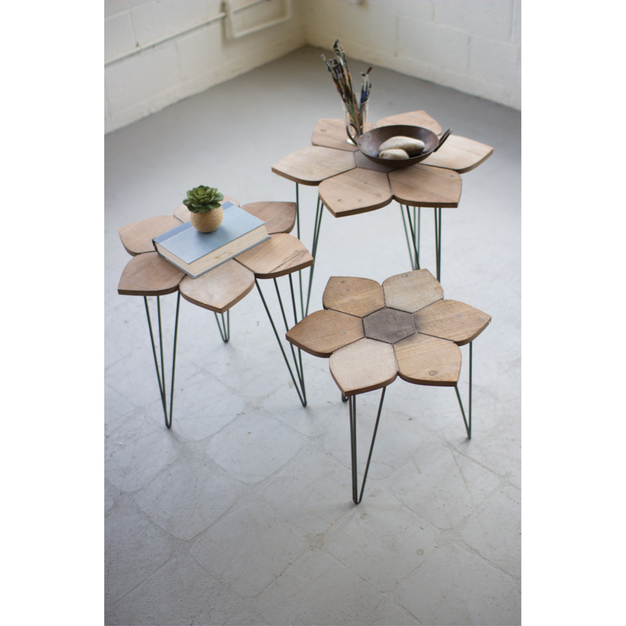 Set Of 3 Flower Side Tables With Wooden Tops Large 24"D X 22.5"T   Medium 22"D X 20"T   Small 19"D X 16.5"T
