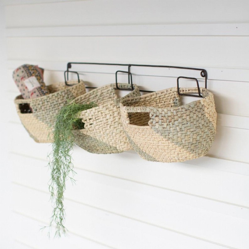 Set Of 3 Hanging Woven Seagrass Baskets On Recycled Metal Frame