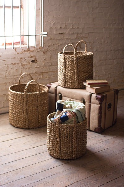 Set Of 3 Round Braided Seagrass Storage Baskets W Handles