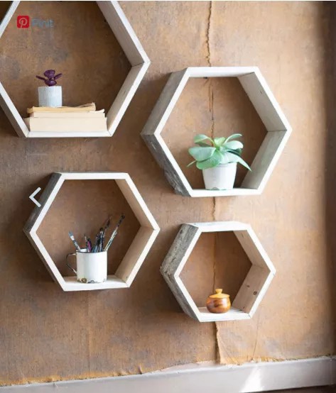 Set Of Four Recycled Wood Hexagon Wall Shelves - Whitewash