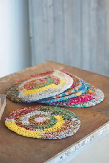 Set Of Six Round Knitted Kantha Placemats