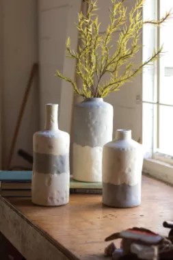 Set Of Three Ceramic Bottle Vases - Matte Grey And White