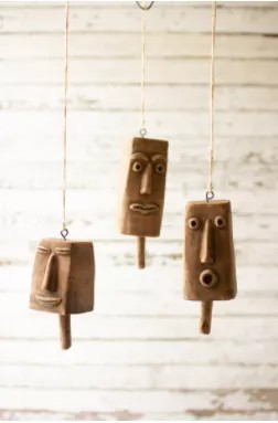 Set Of Three Clay Face Hanging Bells