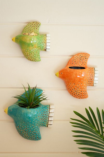 Set Of Three Colorful Ceramic Bird Wall Planters