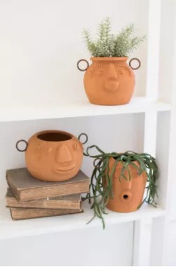 Set Of Three Funky Face Clay Planters