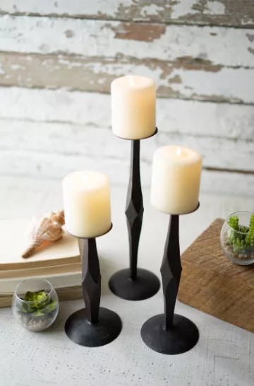 Set Of Three Hand Forged Iron Candle Stands