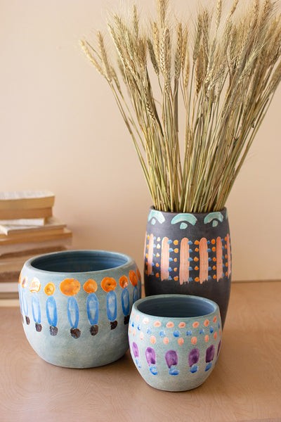 Set Of Three Hand-Painted Colorful Ceramic Vases