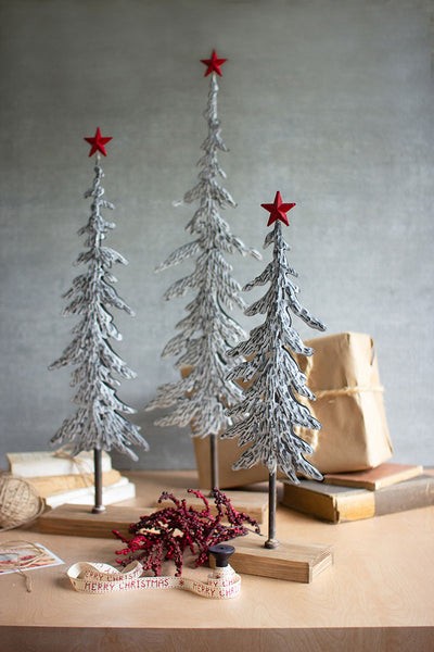 Set Of Three Metal Christmas Trees On Wooden Bases