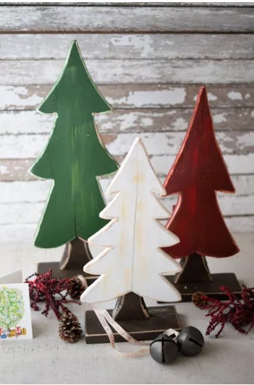 Set Of Three Painted Wooden Christmas Trees - One Each Color