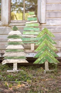 Set Of Three Recycled Wood Trees With Stands