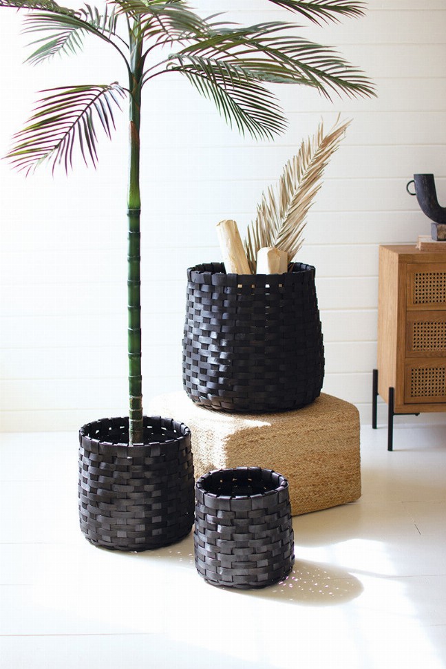 Set Of Three Round Splitwood Baskets - Black