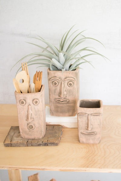 Set Of Three Square Clay Face Planters