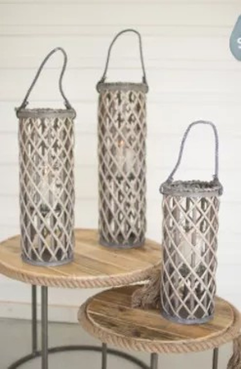 Set Of Three Willow Lanterns With Glass - Grey