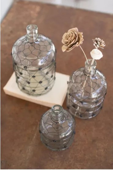Set Of Three Wire Wrapped Clear Glass Jugs