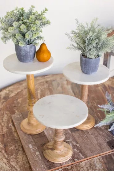 Set Of Three Wooden Display Stands With White Marble Tops