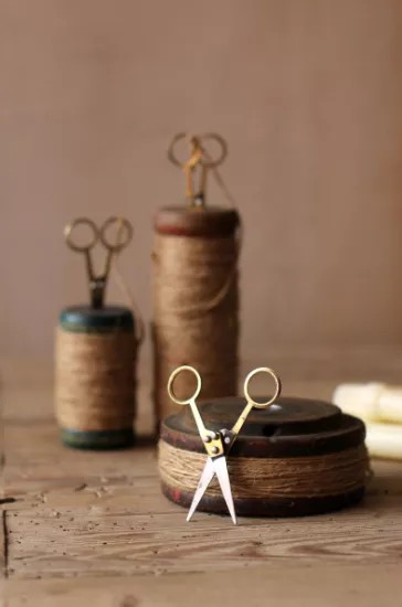 Set Of Three Wooden Spools With Jute Twine And Scissors