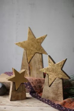 Set Of Three Wooden Star On Base