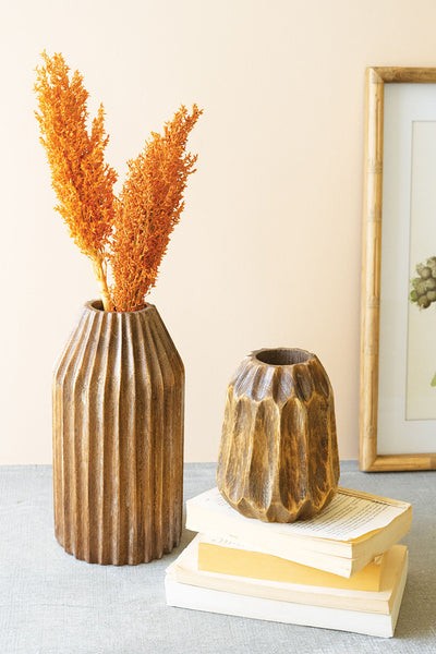 Set Of Two Carved Wood Vases