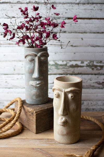 Set Of Two Clay Face Vases