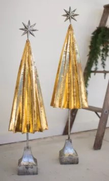 Set Of Two Folded Gold Metal Trees With Silver Star
