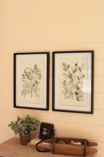 Set Of Two Framed Black Leaf Prints Under Glass