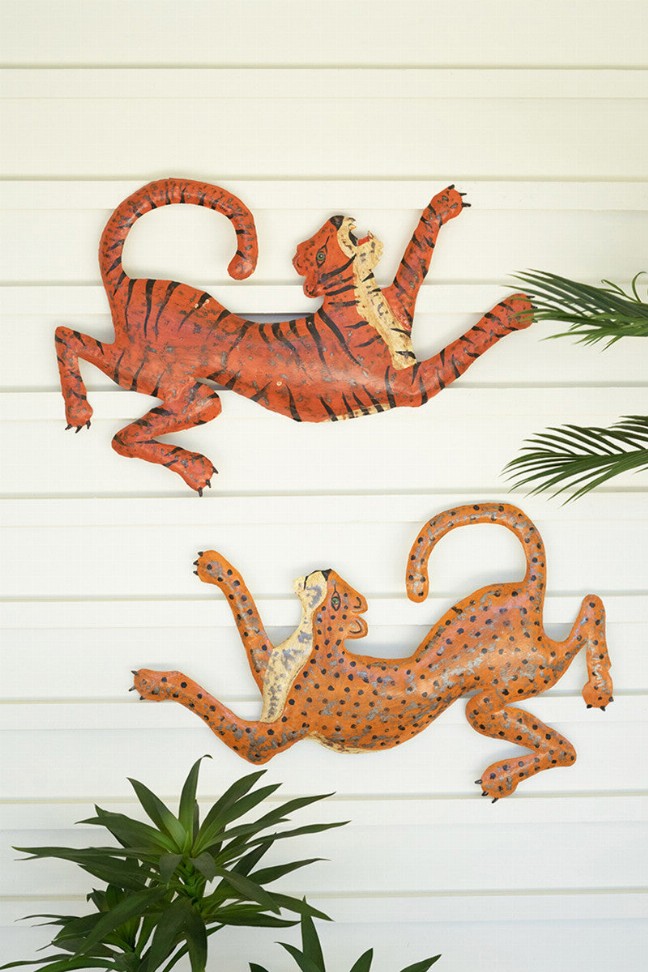 Set Of Two Hand Hammered Recycled Cheetah And Tiger Wall Hanging