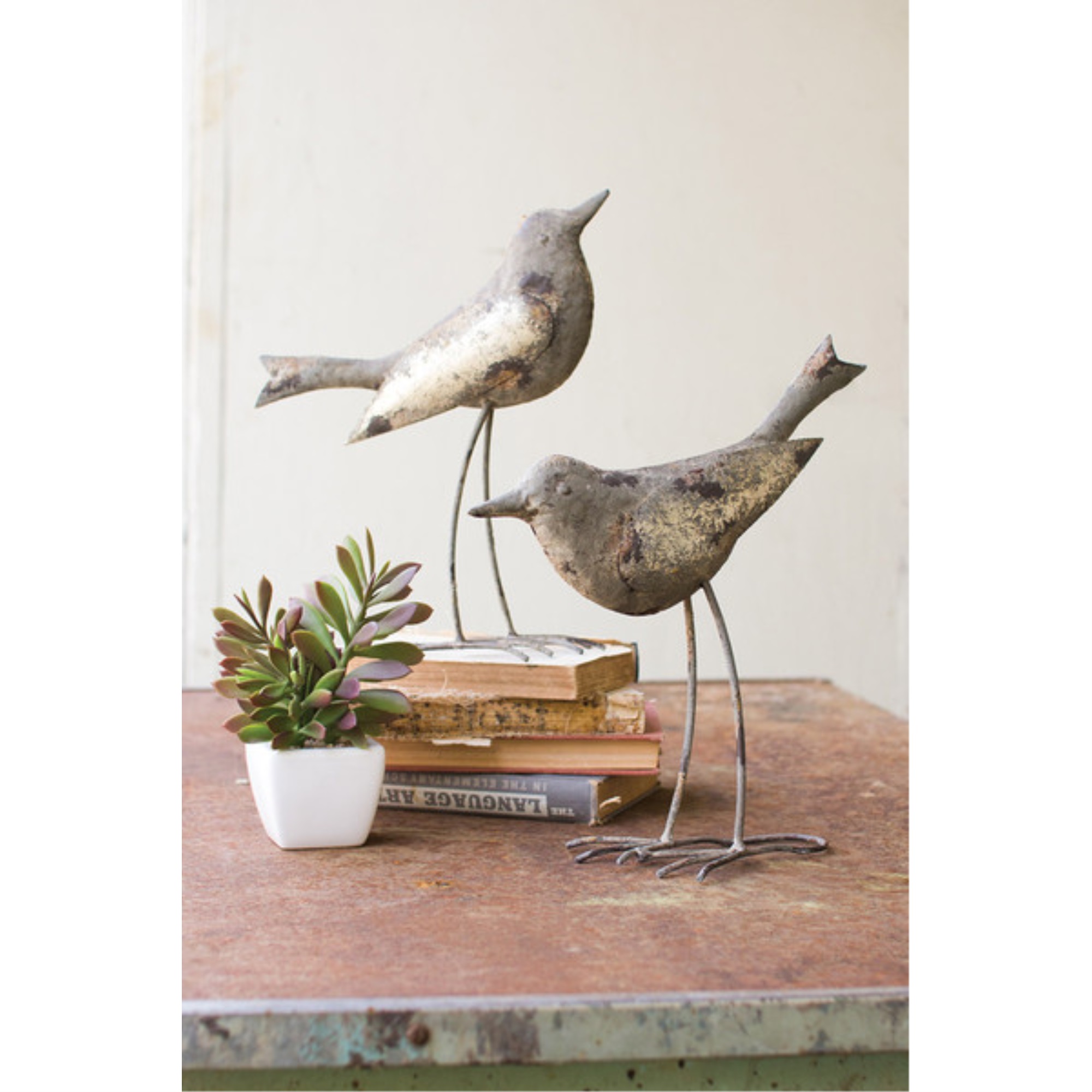 Set Of Two Metal Birds - Rustic Grey