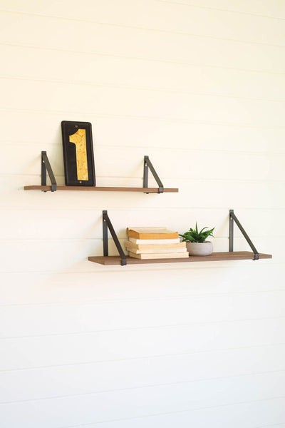 Set Of Two Metal Strapped Wood Shelves