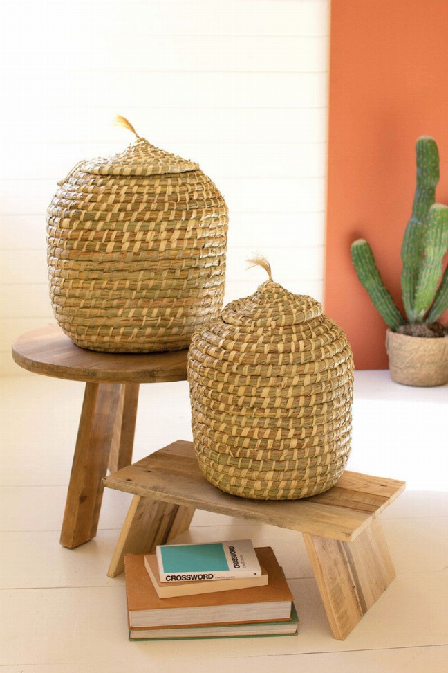 Set Of Two Oval Seagrass Baskets With Lids