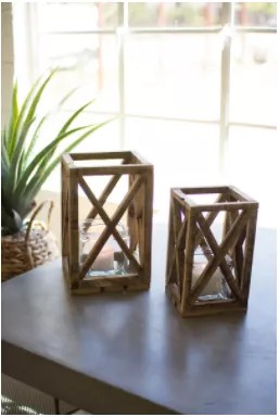 Set Of Two Recycled Wooden Lanterns With Glass Insert