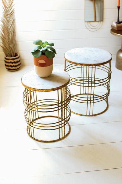 Set Of Two Round Marble Top Tables W Rustic Gold Metal Base