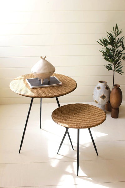 Set Of Two Round Metal Side Tables With Woven Cane Tops