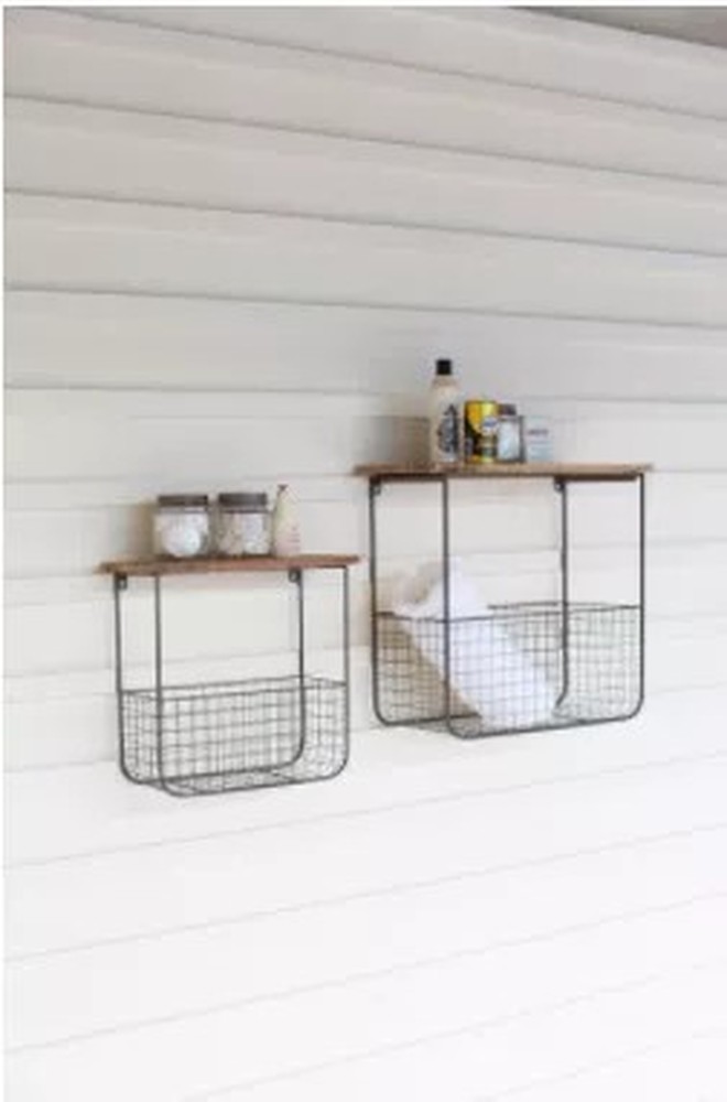 Set Of Two Wire Basket Shelves With Recycled Wood Tops