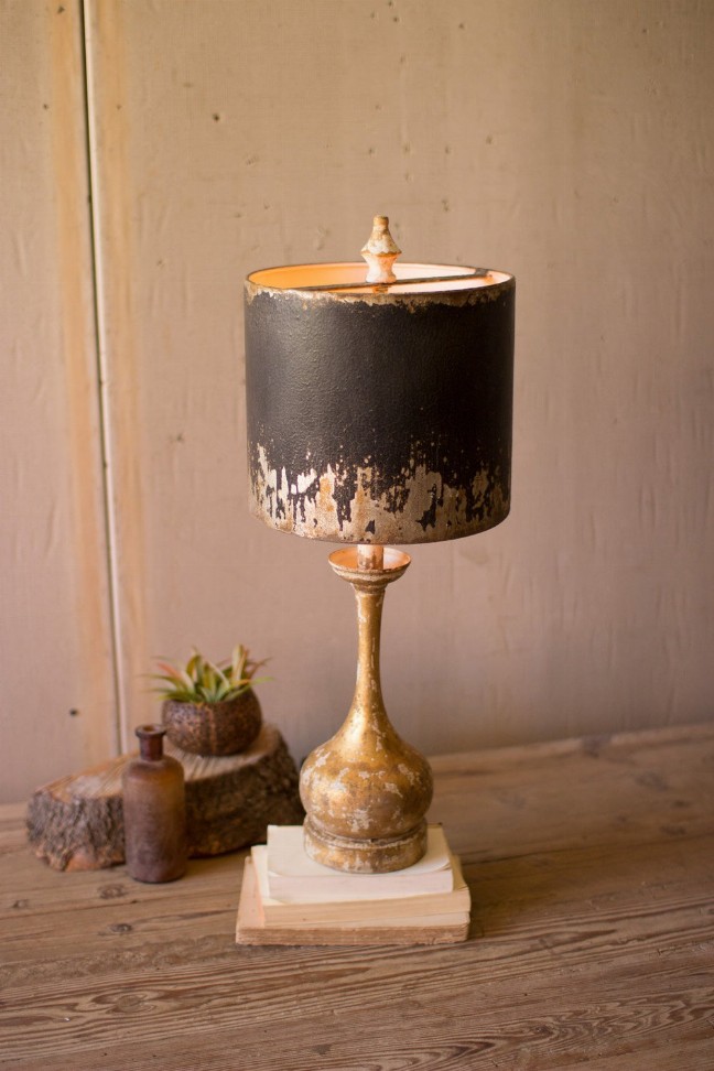 Table Lamp - Round Wooden Base W Black & Gold Metal Shade