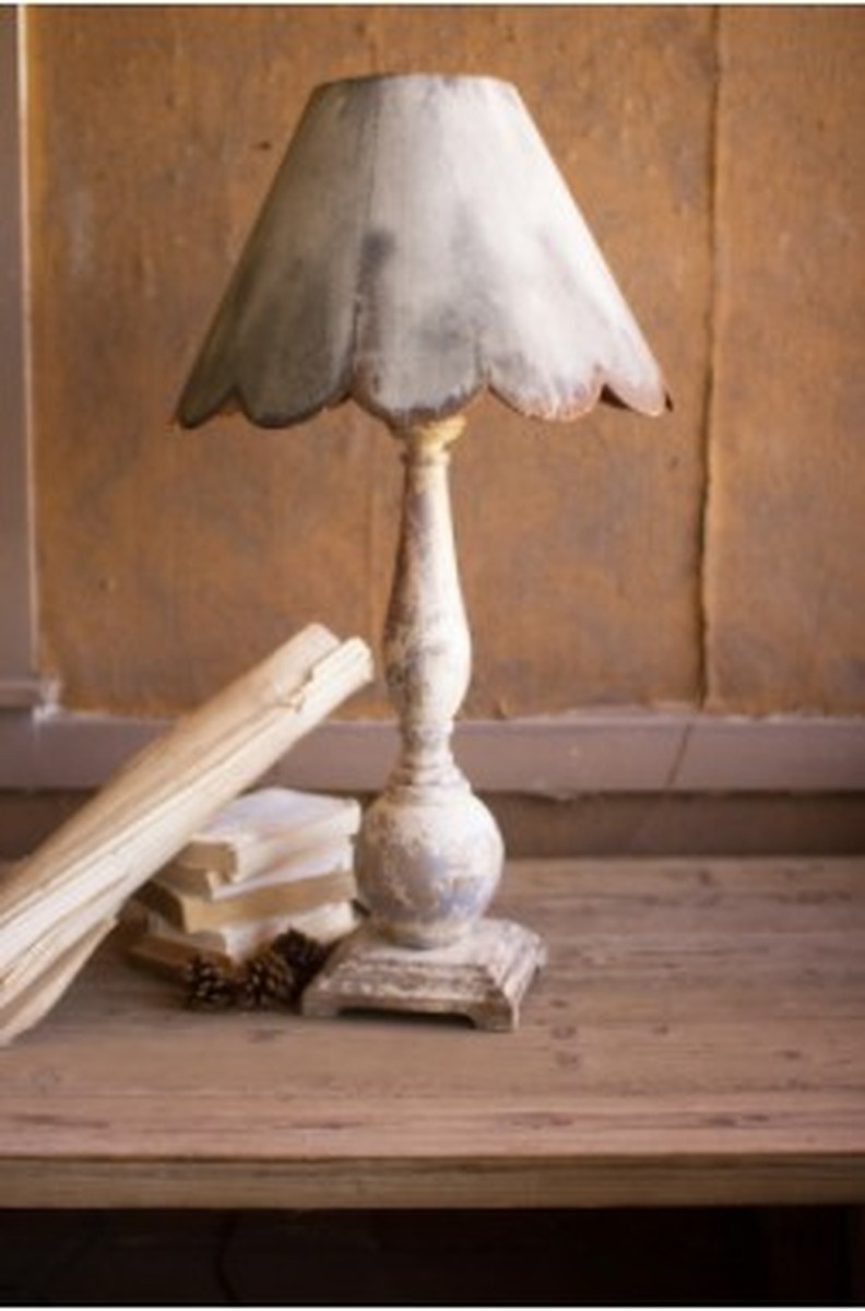 Table Lamp - Wood Base With Rustic Scalloped Metal Shade 20.5"D X 37"T