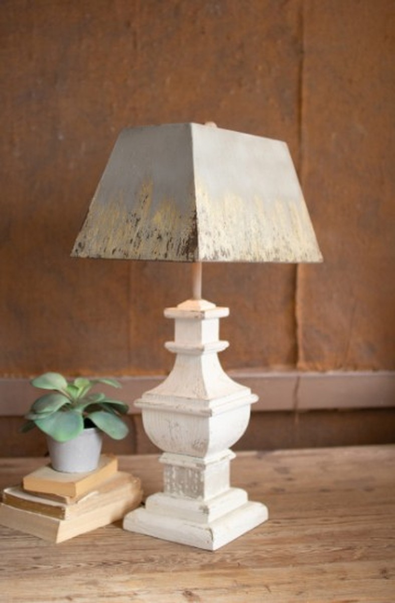 Table Lamp With Painted Wooden Base And Rectangle Metal Shade 16" X 11" X 28.5"T
