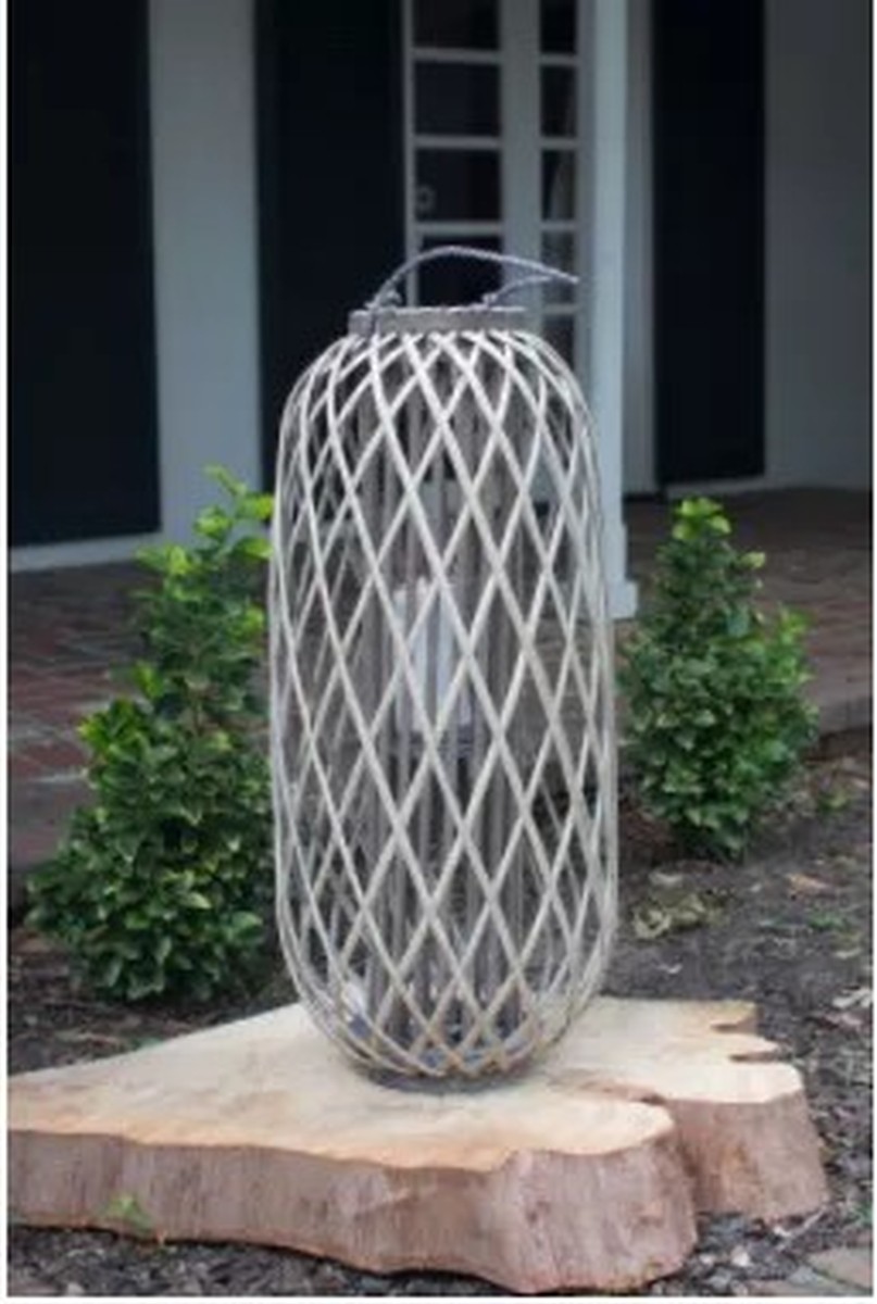 Tall Grey Willow Lantern With Glass