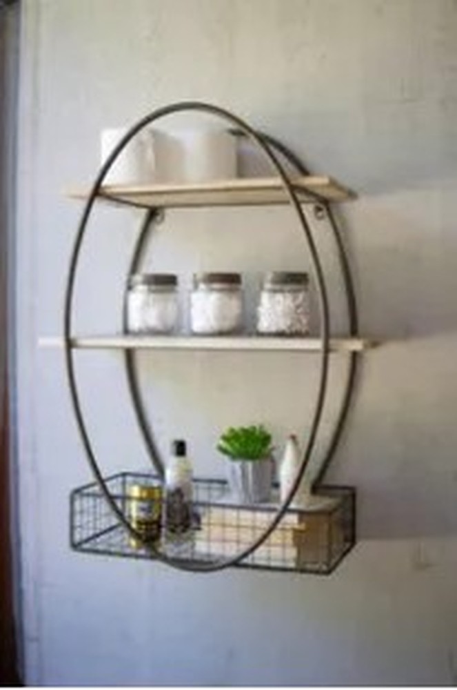 Tall Oval Metal Framed Wall Unit With Recycled Wood Shelves