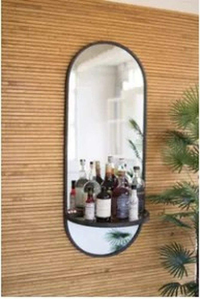 Tall Oval Wall Mirror With Folding Metal Shelf