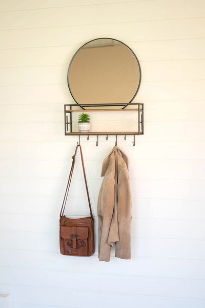Wood And Metal Round Mirror With Shelf