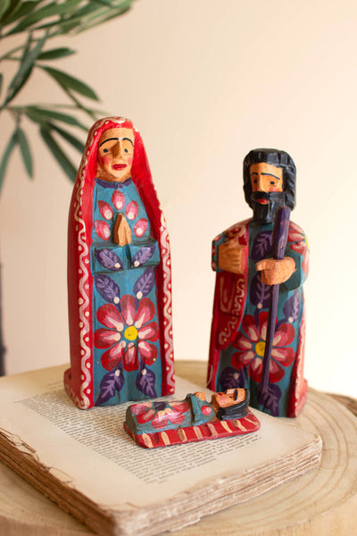 Set Of Three Painted Wooden Mary, Joeseph And Jesus
