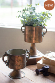 Set Of Two Antique Copper Finish Planters With Handles
