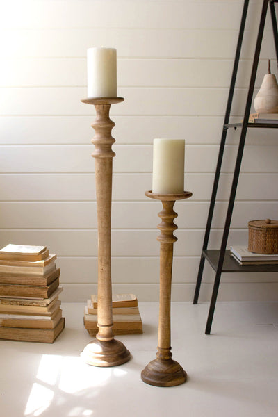 Set Of Two Tall Mango Wood Pillar Candle Stands