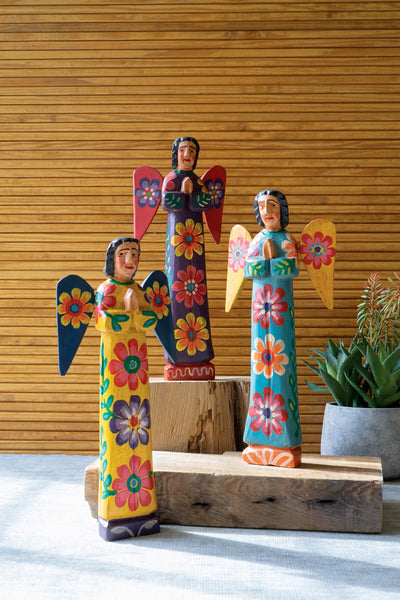 Set Of Three Painted Wooden Angels