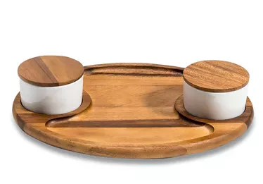 Charcuterie Serving Tray with Ceramic Bowls - 2 White Ceramic Bowls With Lids