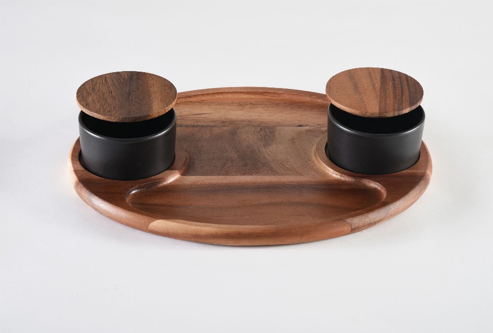 Charcuterie Serving Tray with Ceramic Bowls - 2 Black Ceramic Bowls with Lids
