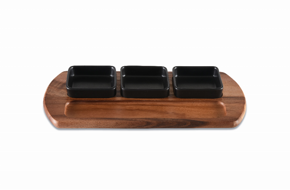 Charcuterie Serving Tray with Ceramic Bowls - 3 Black Square Ceramic Bowls