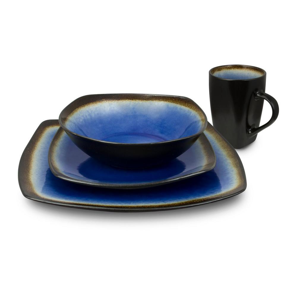 Kalorik Haus 16-Piece Brown and Blue Dinnerware Set - curved edges