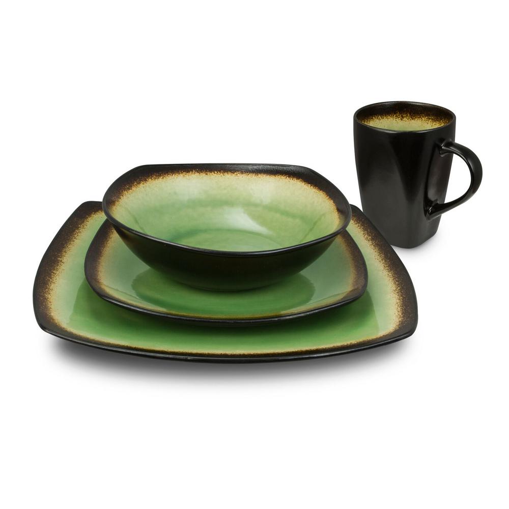 Kalorik Haus 16-Piece Brown and Green Dinnerware Set - curved edges