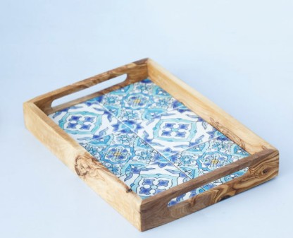 Olive wood with Ceramic Tiles and ergonomic hands Serving Tray